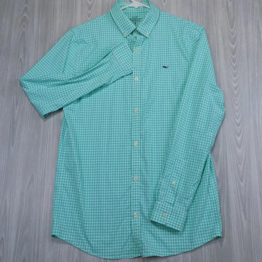 Vineyard Vines Performance Gingham Button Down Shirt Boys XL 18 Green White